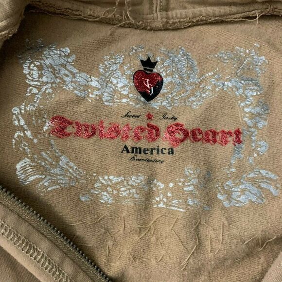 Twisted Heart Beaded Full Zip Sweatshirt M Beige Long Sleeves Pockets Stretch - Picture 8 of 8